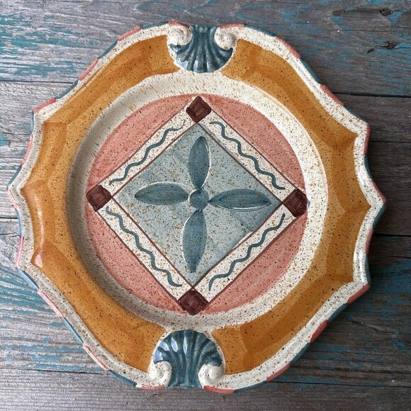 Neiman Marcus 9.5" Salad Plate Hand Painted in Italy Multicolor Geometric Print - Picture 1 of 5